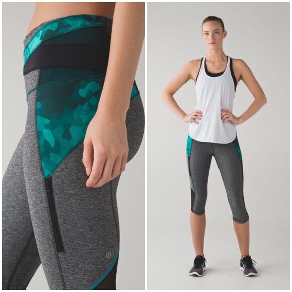 A6 Auth LULULEMON Kris Cross Crop Aqua Exposed Zipper pockets Capri Pants Size 6 - Picture 1 of 5